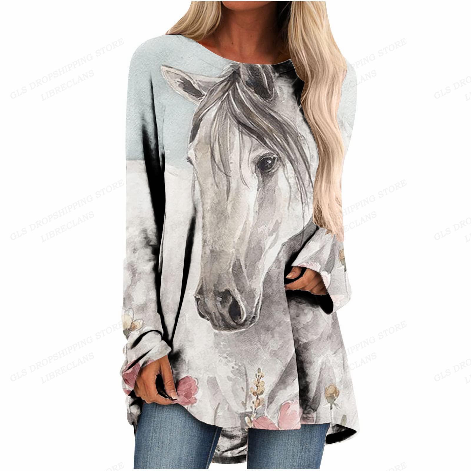 Женская футболка с принтом лошади, женские модные футболки, футболка с растительными животными, топы с длинными рукавами, футболки, туники, топы, женская одежда 4XL