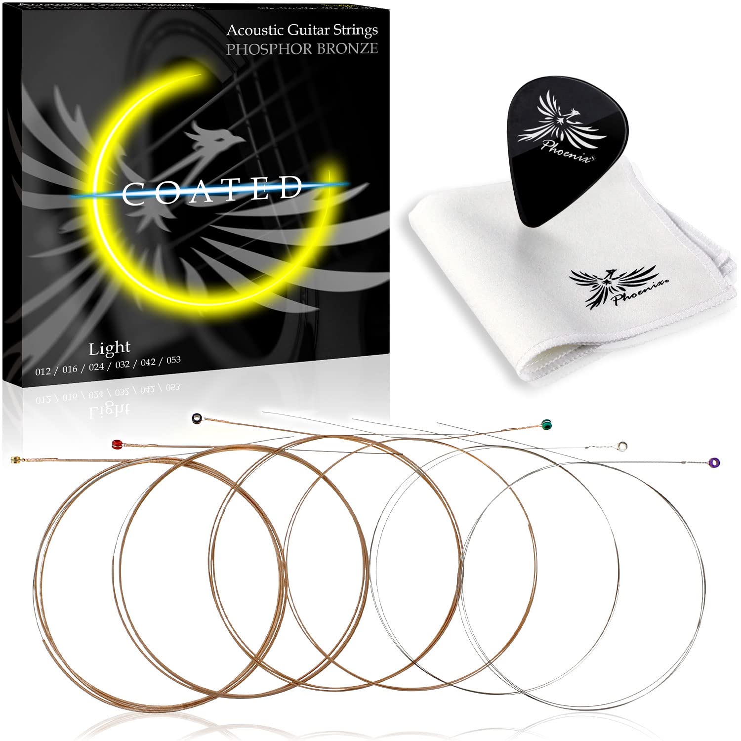 

Phoenix Coated Acoustic Guitar Phosphor Clear Deep Natural Pole Includes Cleaning Cloth and Warranty Strings, Bronze, Sound, Bass, Feel, Color-Coded