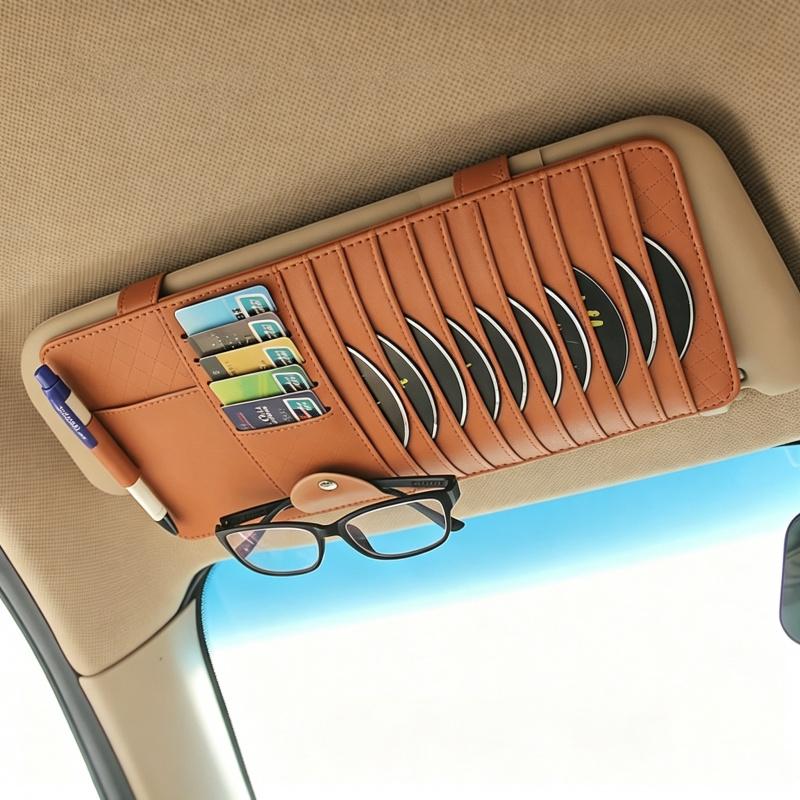 Car Sun Visor CD DVD Holder Bag Disc PU Leather Sunshade Sunglasse Pen Clips Card Storage Case Organizer Multi-Pocket Pouch Bag