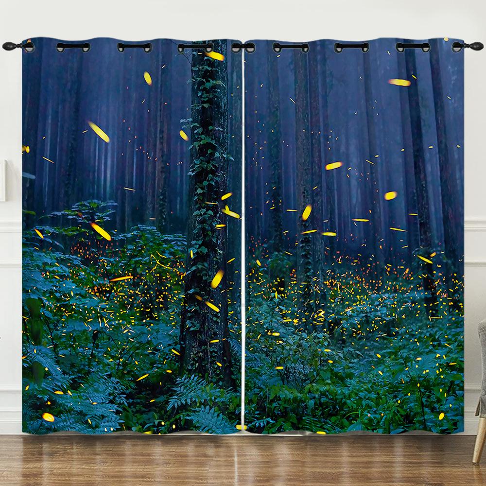 Curtain Oil Painting Landscape Firefly 3D Digital Printing Blackout Curtain Punching