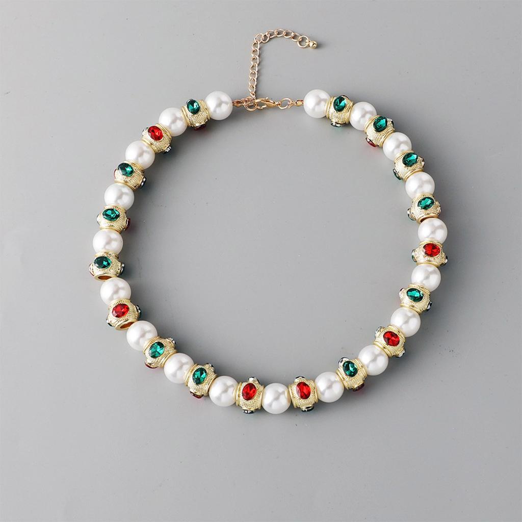 Vintage Heavy Craftsmanship Glass Pearls Necklace With Red Green Gemstones Designs Zinc Alloy Jewelry for Women