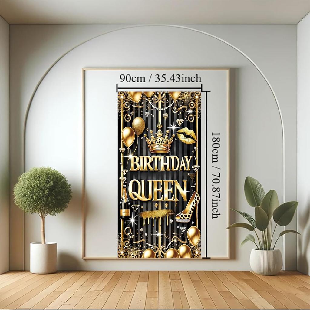 Black Gold Birthday Queen Door Cover Banner 71 X 35 Inch Happy Birthday Backdrop Photography Background Decoration for Women Girls Birthday Party