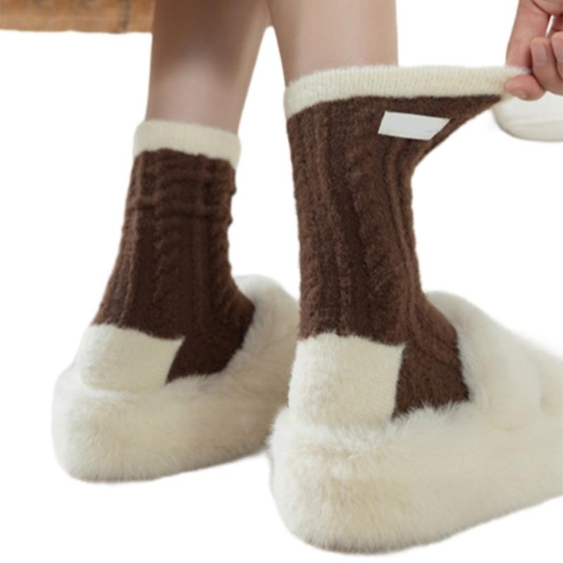 Women Twist Jacquard Fuzzy Plush Socks Winter Warm Color Block Striped Fleece Sleep Socks Thermal Floor Slipper Socks