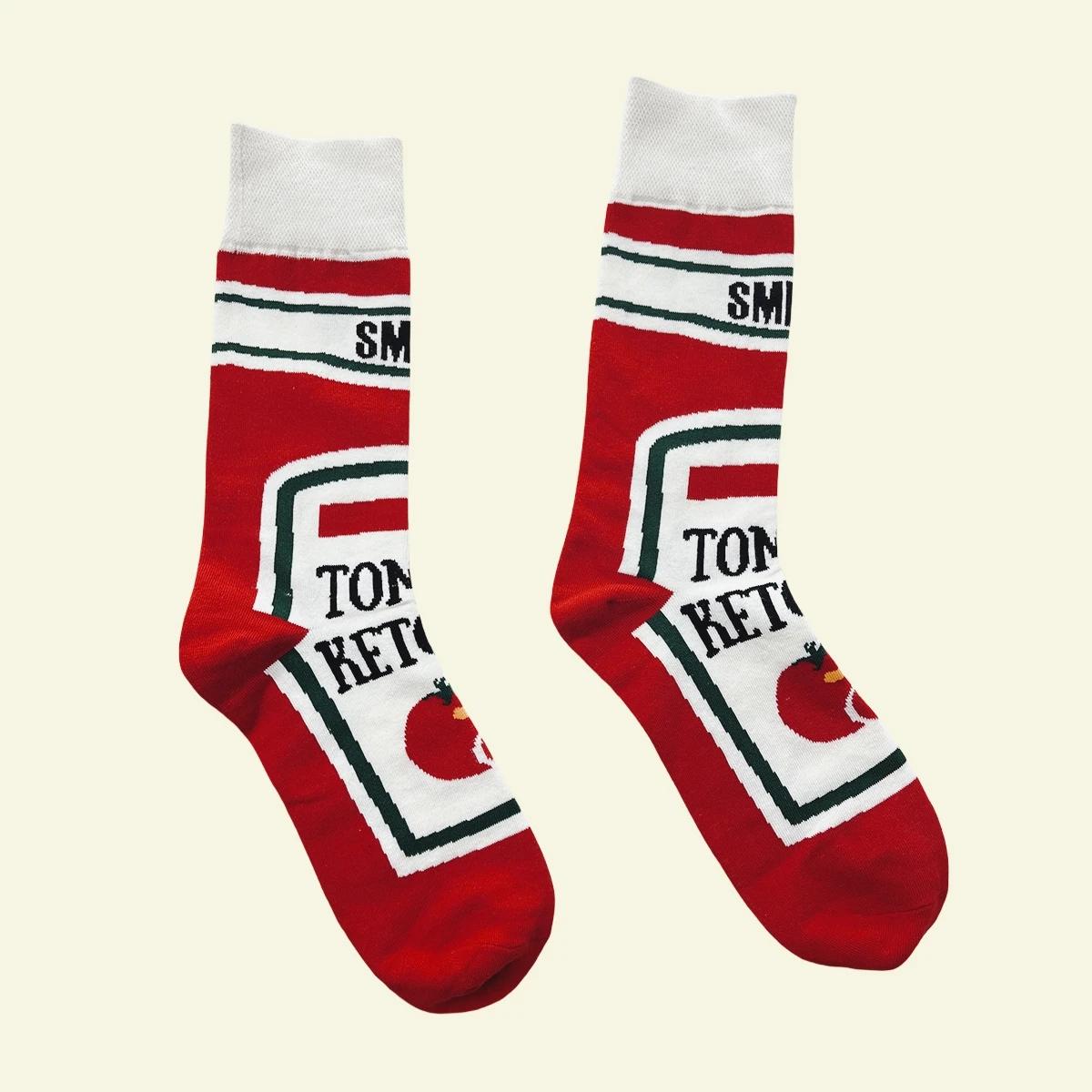 1 Pair Funny Tomato Ketchup Printed Mid-Calf Men Socks Suit In All Seasons One Size