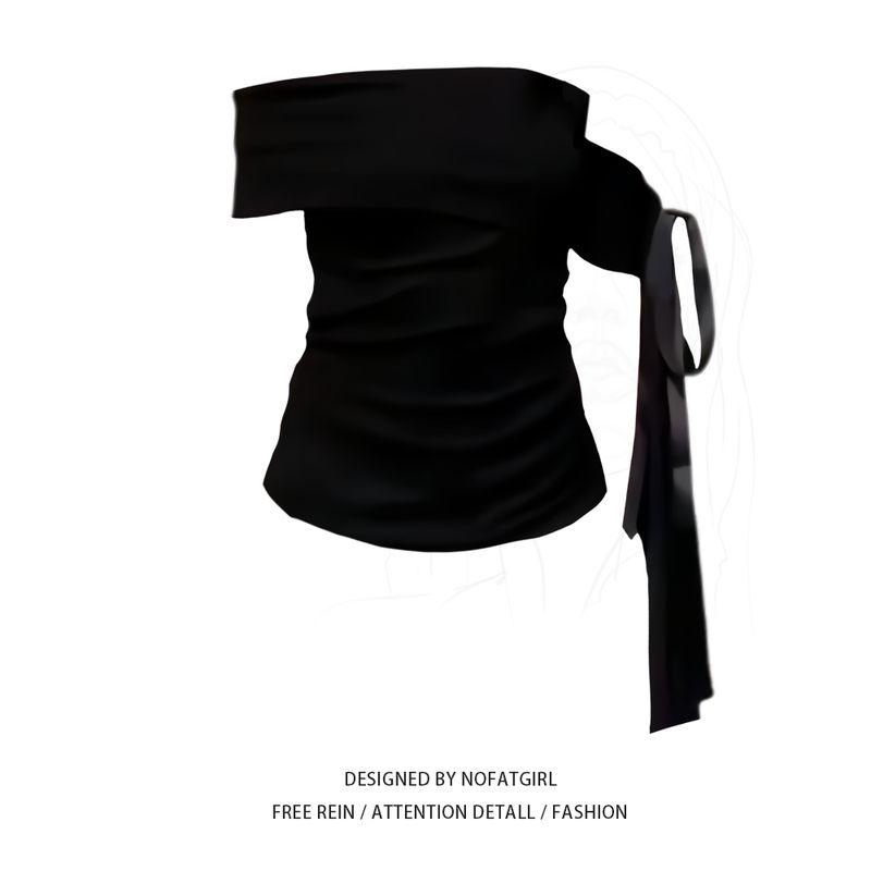 

Plus size Chubby Girl Pure Desire Gyaru Sloping Shoulder Ribbon T-shirt Women Summer New Slim fit Slimming Design Sense Unique Top Black Top M