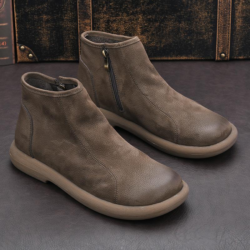 Genuine Leather Men's Toe Layer Cowhide Frosted Soft Leather Martin Boots Men's Chelsea Retro British Zipper High Top Short Boots