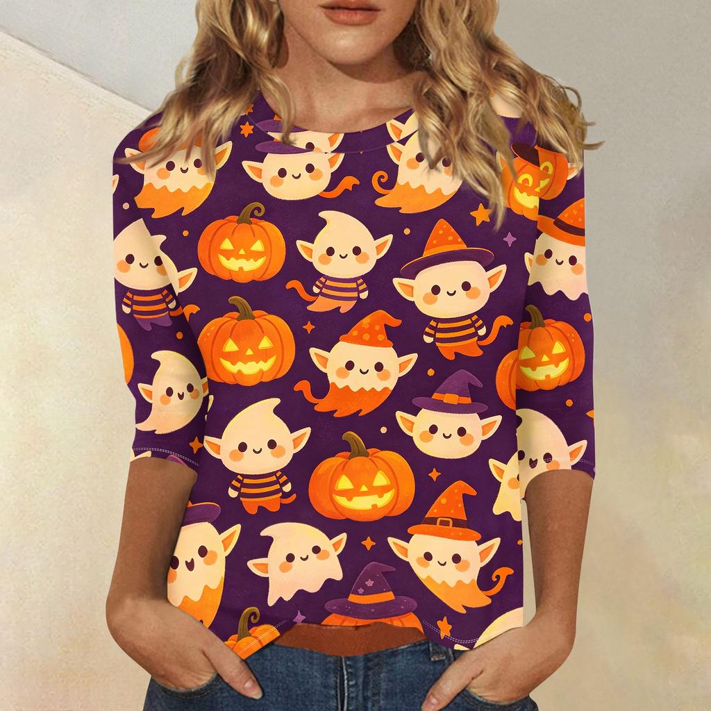 Women Casual 3/4 Sleeve Halloween Print Crew Neck Top Lightweight Soft Fabric Comfortable Fit Stretchy Material