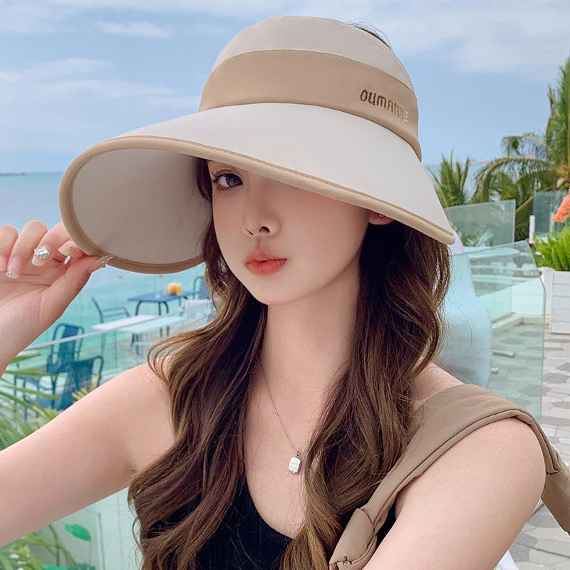 Women's Summer Open-Top Sun Hat, Ice Silk Cool Feeling, Wide Brim, UV Protection, Outdoor Beach Ponytail Hat