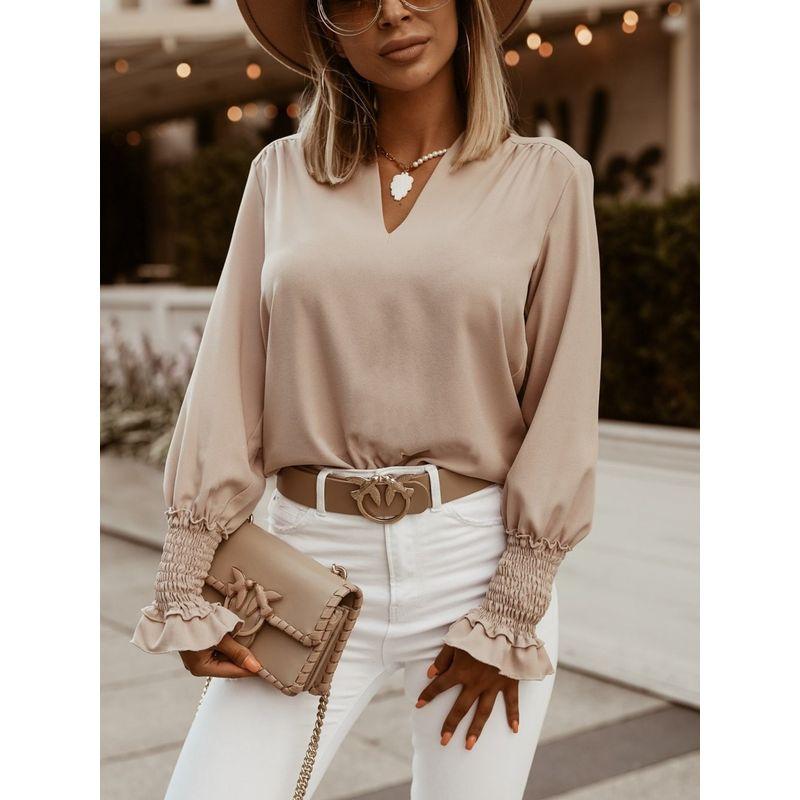 

Amazon Independent Station Fashion Style Fashion plus Size Women V-neck Long Sleeve Shirt Loose Casual Top T-shirt Fashion White S