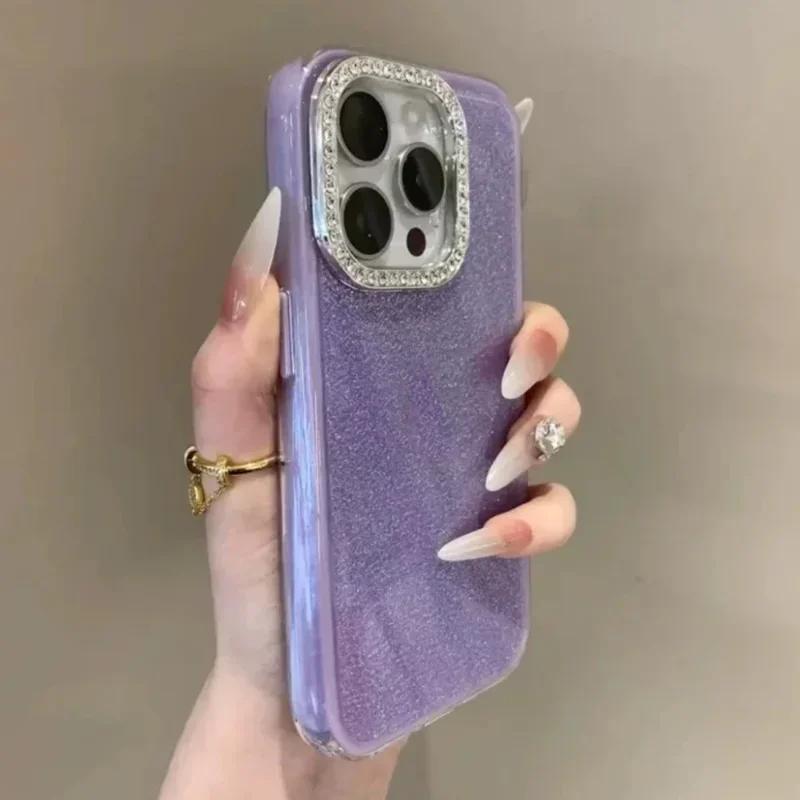 3 IN 1 Bling Glitter IMD Candy Color Phone Case For iPhone 16 15 14 13 12 11 17Pro Max Plus Diamond Camera Protector Shining Cover