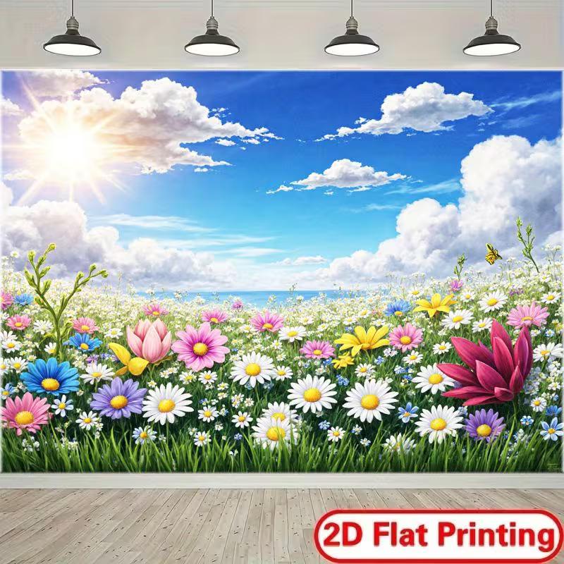 2D Spring Nature Backdrop, Colorful Daisy Flower Field with Sunny Sky Background 47.2x31.5inch/120*80cm