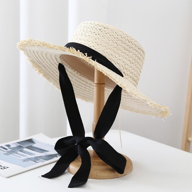 Hairy Woven Straw Hat Sun Hat Summer Flat Top Ribbon Tied Vacation Sun Hat Beach