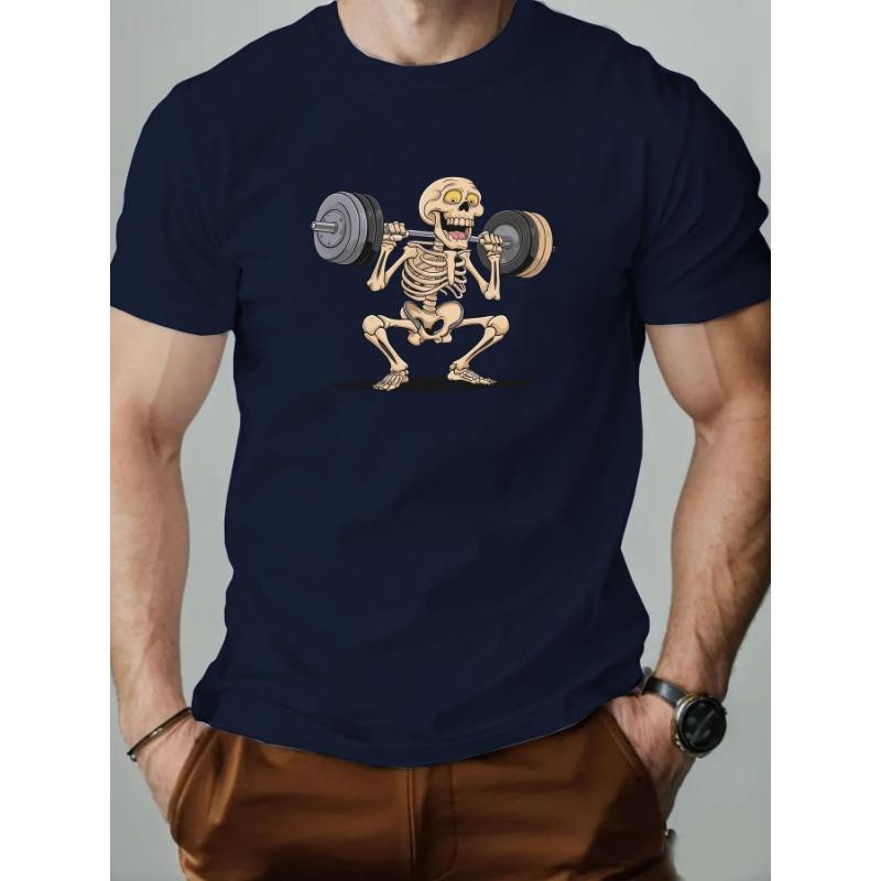 Summer Round Neck Skeleton Lifting Weights Pattern Printed Top Fashionable Casual Pure Cotton Short Sleeved Men's T-shirts