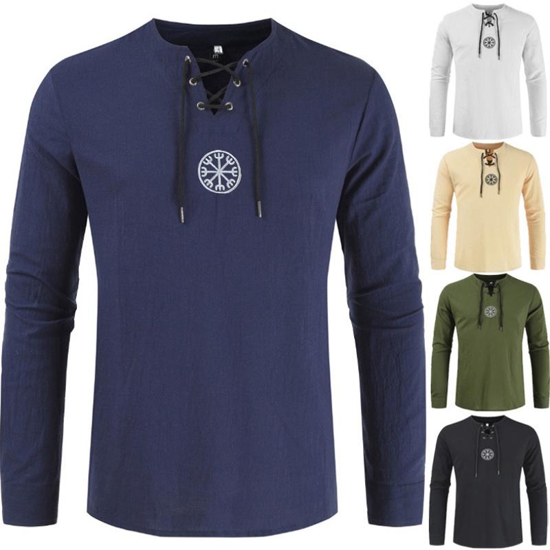 Stylish Medieval Men's Long Sleeve Lace Up Solid Color Retro Cosplay Costume T-shirt