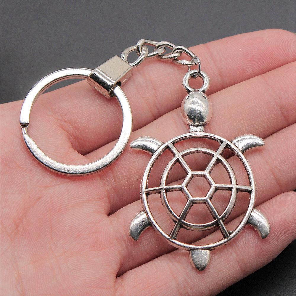 Marine Life Turtle Ocean Creature Pendant Antique Bronze Metal Keychain with 30mm Ring for Men Fashion Gift
