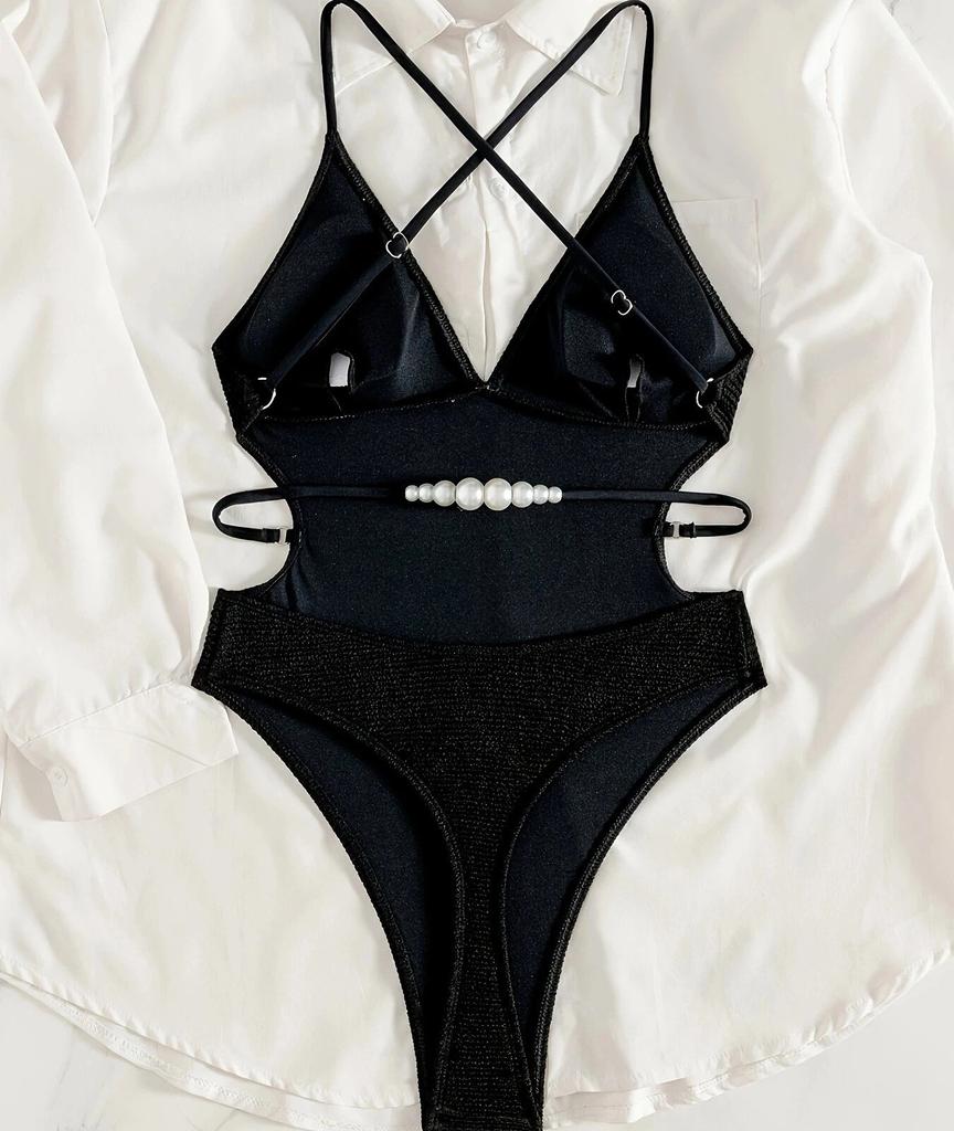 Women's Swimwear Fashion Sexy Black One-piece V-Neck Backless Bikini Beachwear