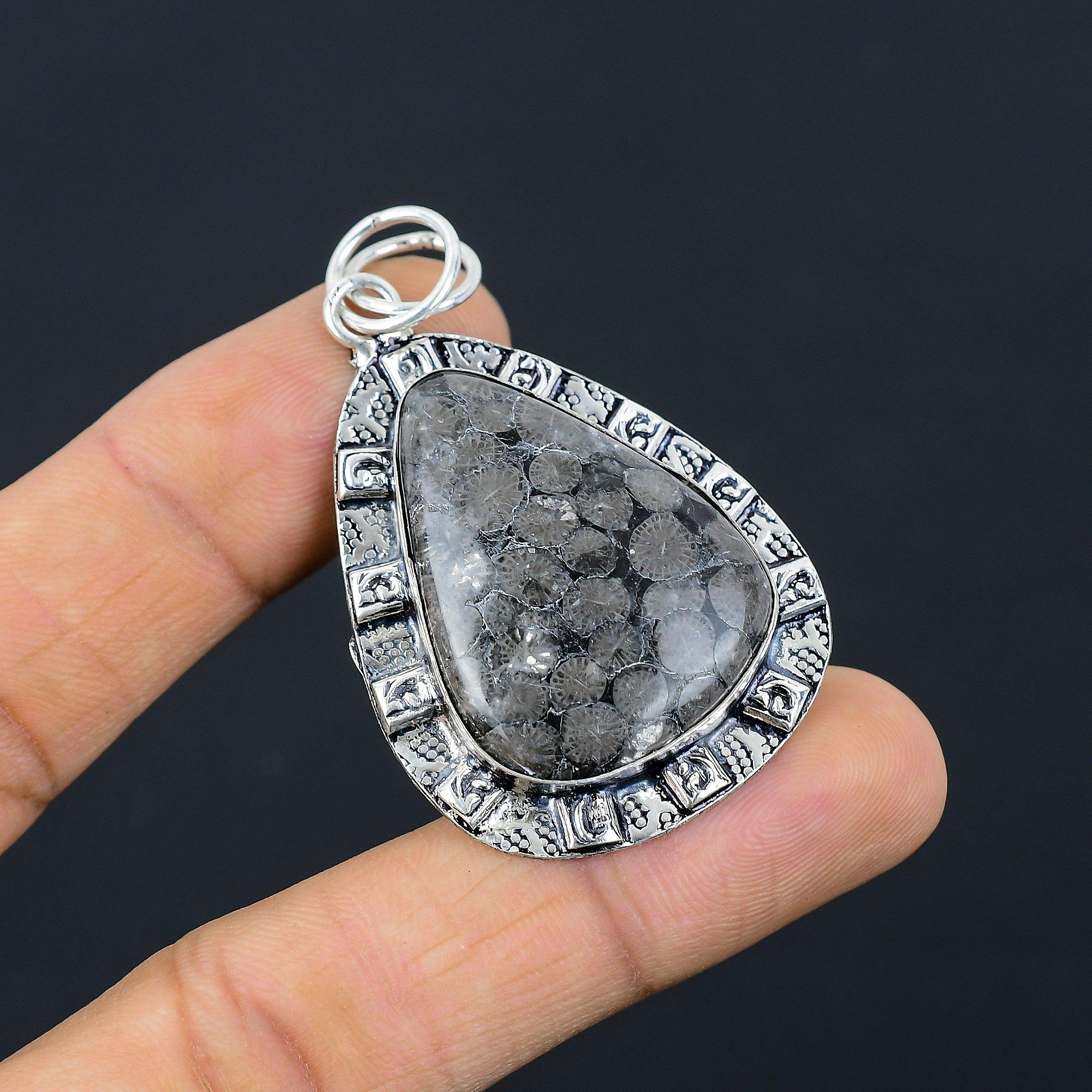 

Halloween Sale Black Fossil Coral Stone 925 Sterling Silver Wife Pendant Jewelry