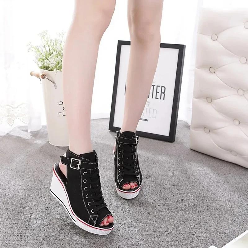 Fashion New Spring Summer Women's High Wedge Canvas Fish Mouth Shoes Korean Version of The Slope Open Toe Hollow Lace Up Canvas Shoes