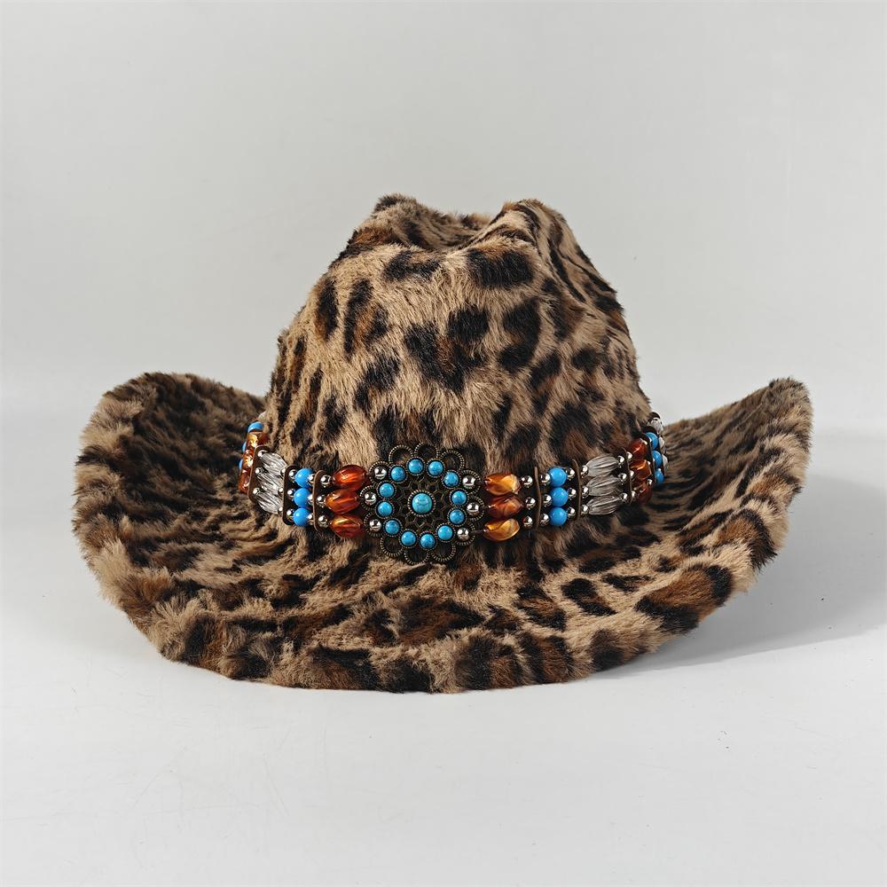Chapeau de Cowboy en Fourrure de Lapin Imprimé Léopard 7,5 cm Fedora Western Cowboy Chapeau Panama Mode Voyage Fête Chapeau de Cowboy Chaud pour Hommes et Femmes