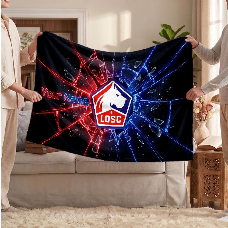 LOSC Lille FC Personalized Fleece Blanket With Football Logo, Custom Name Text Soft Warm Home Throw Blanket