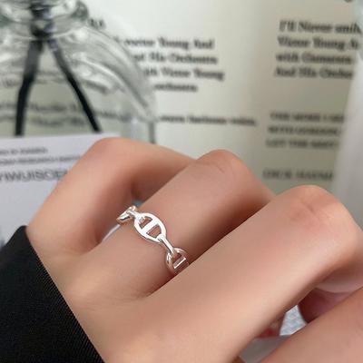 S925 Silver Pig Nose Chain Ring Female Ins Niche Opening Little Finger Ring Small Fresh Silver Jewelry