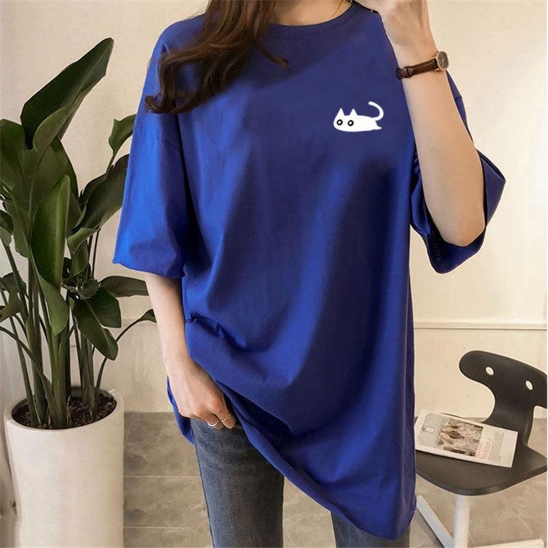 

Summer New Round Neck Loose Short-sleeved Shirt Female Student Lazy Print Medium and Long T-shirt Top Female 2XL синій