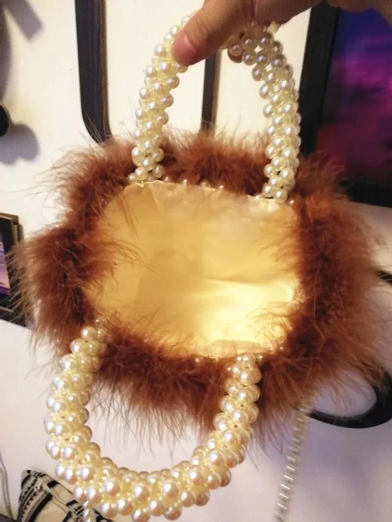 New Autumn Winter Handcrafted Pearl Beaded Fur Basket Bag Single Shoulder Handbag for Women Elegant Fashionable Handbag