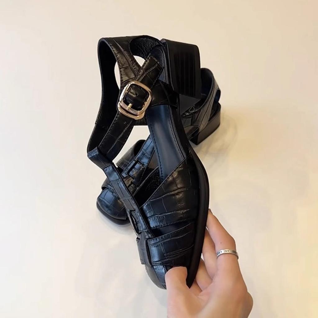 Sheepskin version~ French casual woven hollow bag head sandals women's retro thick heel pig cage shoes vacation style Roman shoes
