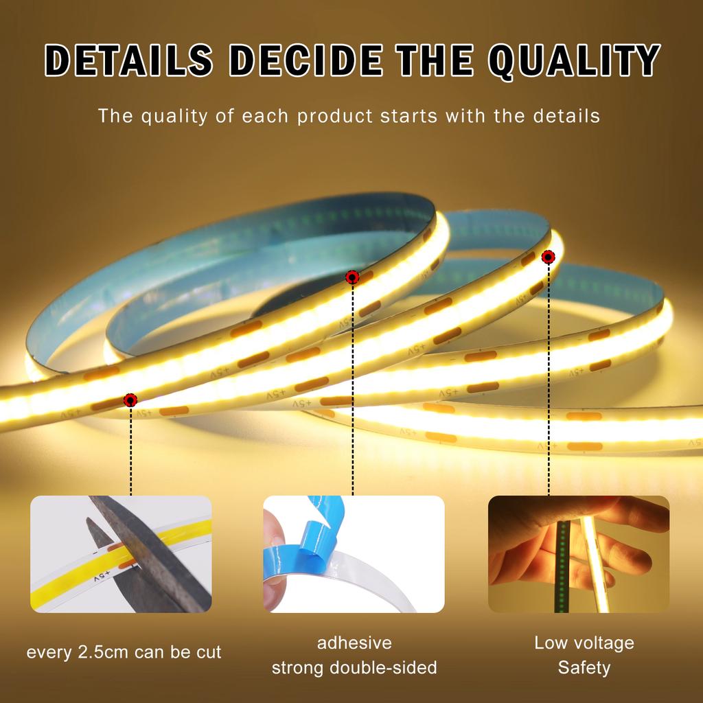 COB Led Strip Light 5V Flexible LED Ribbon 8mm 320LEDs/M High Density Linear Lighting White/Red/Green/Pink/Blue Adhesive Tape
