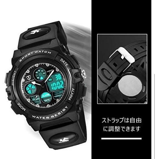 Childrens wristwatch boys sports watch outdoor multifunctional 50m waterproof alarm date day display dual time LED analog digital (black)