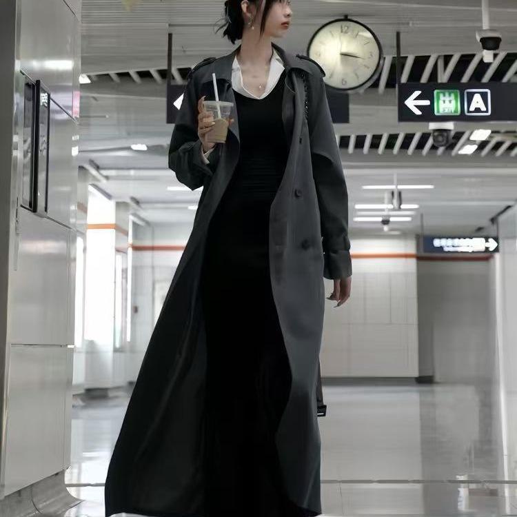 Extra Langer Grauer Trenchcoat für Große Frauen - Frühjahr/Herbst 2025 Kollektion