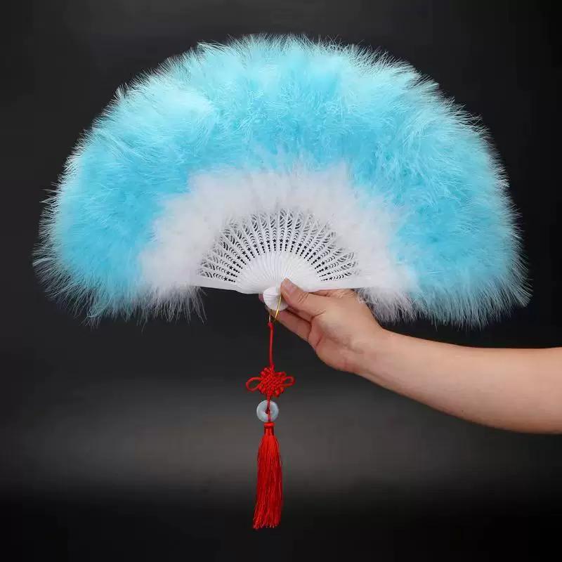 White Feather Fan Full Velvet Thickening Cheongsam Catwalk Folding Fan Yudi Boutique Night Shanghai Chinese Ancient Style Dancing Folding Fan Female