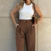 Women Suit Pants High Waist Buttons Zipper Fly Loose-Fit Solid Color Trousers with Pockets Commuting Style Long Pants