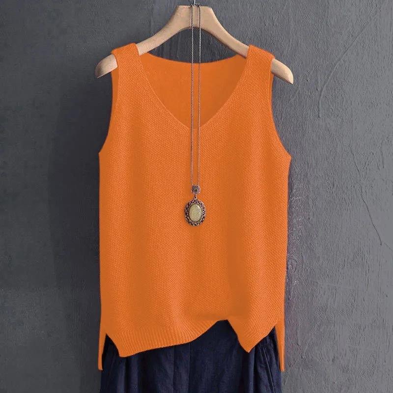 

Модный жилет большого размера из ледяного шелка с подтяжками, женская трикотажная рубашка с V-образным вырезом, топ без рукавов, элегантные однотонные свободные повседневные простые рубашки 5XL оранжевый