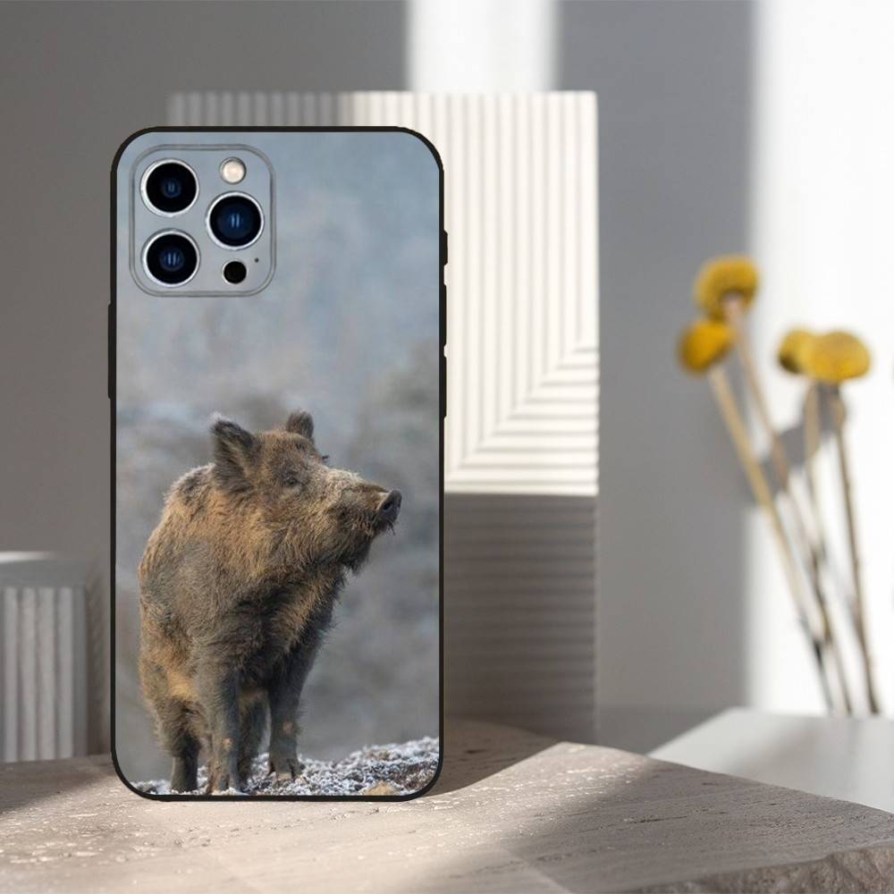Cute Wild Boar Animal For iPhone 8,7,11,12,15,14,13,16,17,Plus,Pro Max,XS,X,XR,SE,Mini,Soft Silicone Black Case