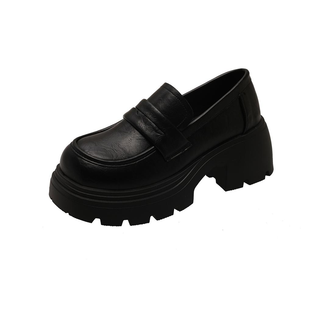 Platform loafers women's 2025 spring new versatile college style single shoes JK style black round head thick heel small leather shoes