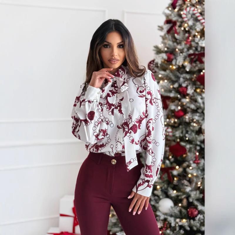 Ladies Spring Summer Lantern Sleeve Bandage Printed All Match Shirt Top