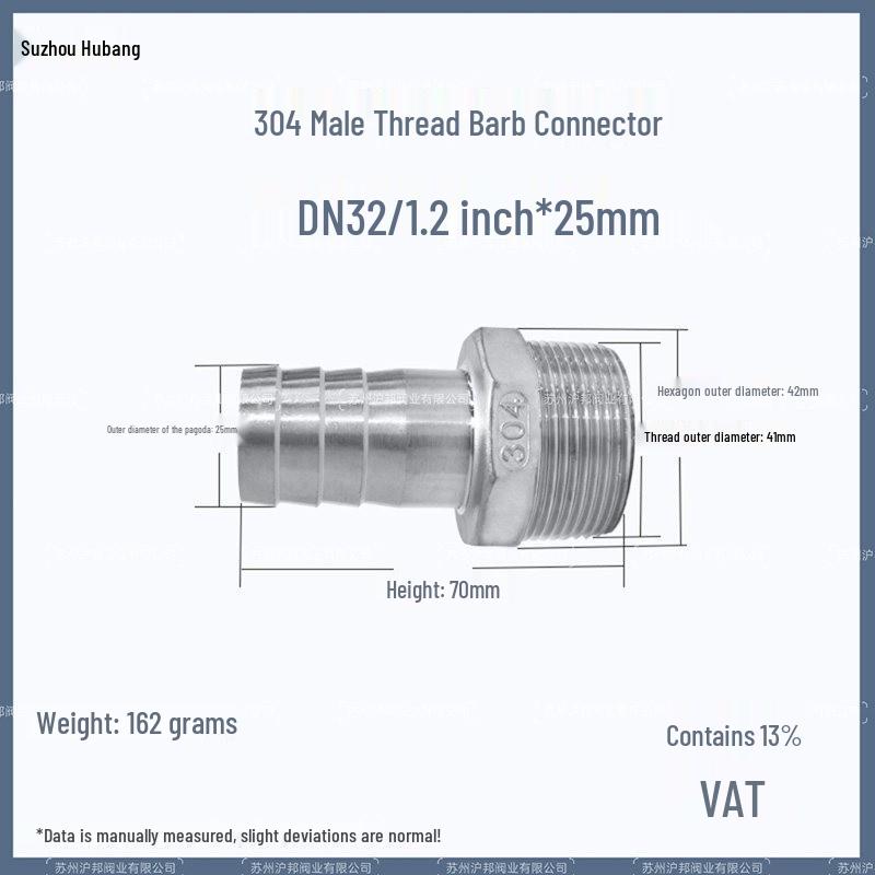 1" Hexagonal Barb Connector, 304 Stainless Steel for Water Pipe Hose, 316 Male Thread Plug