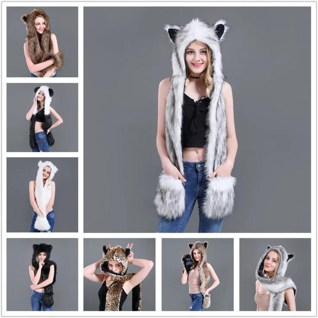 Women Girls Y2K Beanie Fur Animal Hat Scarf Glove Mitten 3-in-1 Function Furry Hoodie with Paws Ears Party Costume