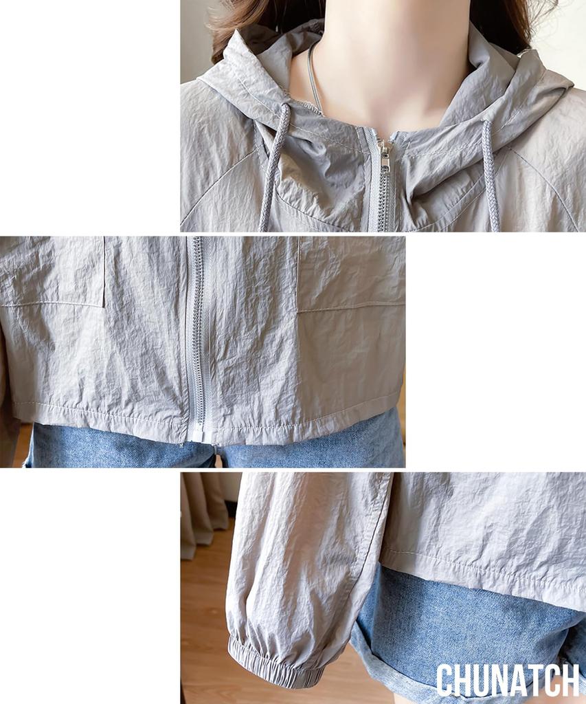 Chunacchi Chemise à capuche courte UV courte décontractée ample pour femmes, Protection, Fine, Transparente, À capuche, Vêtement d'extérieur, Printemps, Été, Automne, Amincissante,