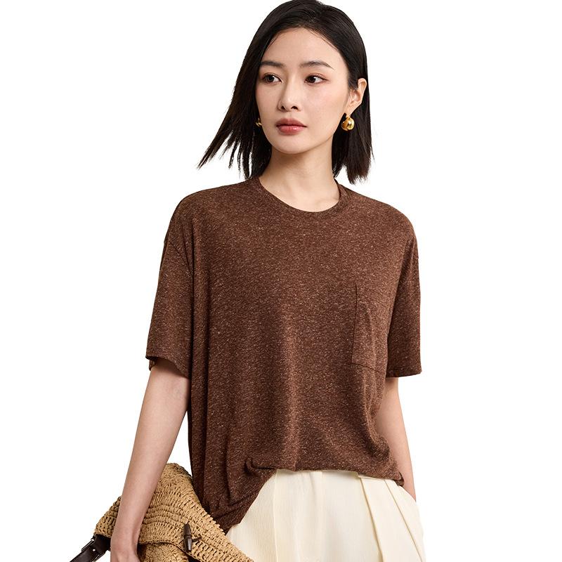 Lao Qianfeng Linen Round Neck Short-sleeved T-shirt Women's Static Luxury Blend A Antibacterial Loose and Versatile Model