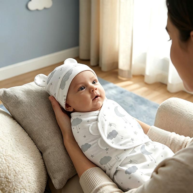 2PCS Set Newborn Swaddle Wrap with Bear Ear Hat Soft Cotton Anti‑Startle Adjustable Anti‑Kick Baby Sleepsack Breathable Infant Sleeping Blanket