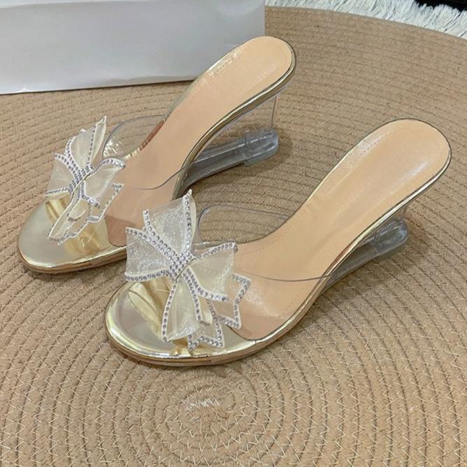 Fashion Plus Size High Heel Slippers Women's Wedge Round Toe Open Toe Crystal Bow One-Line Non-Slip Sheer Sandals Summer New