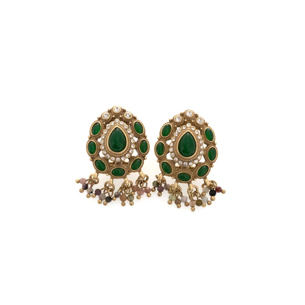 Vintage Color Fringed Pendant Copper Alloy Gold-Plated Green Necklace Earrings Niche Designer Women'S Models