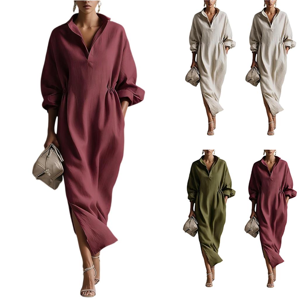Women's Loose Fit Long Sleeve Shirt Collar Dress with Waist Drawstring and Side Pockets Casual Button Down Midi Dress for Spring Summer