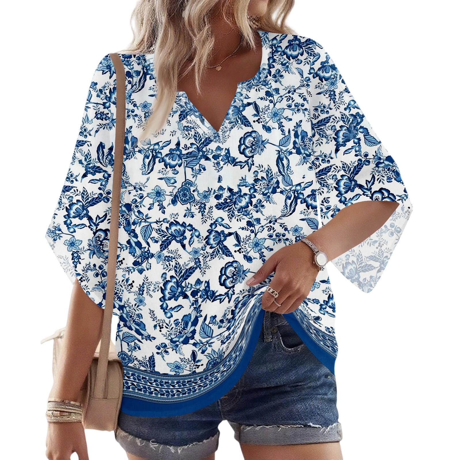 

Женская блузка с рукавом 3/4, V-образным вырезом и цветочным принтом, повседневная, свободная туника XL белый