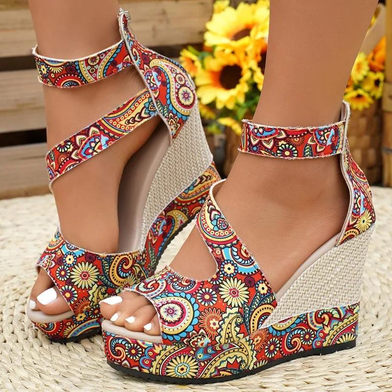 Fashion 2025 New Ladies Shoes Back Zipper Women's Sandals Fashion Printing Summer Open Toe Plus Size Best Seller Wedge Sandals Zapatos