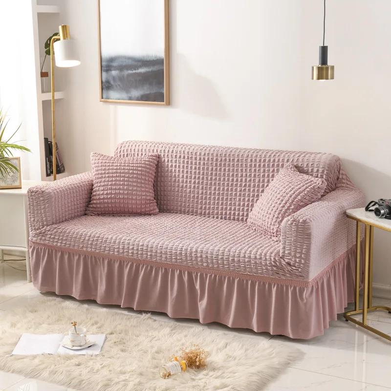 High Elastic Bubble Grid Sofa Cover 1/2/3/4 with Skirt Hem Universal Stretch Couch Protector for Home Living Room Pet Anti Dirt
