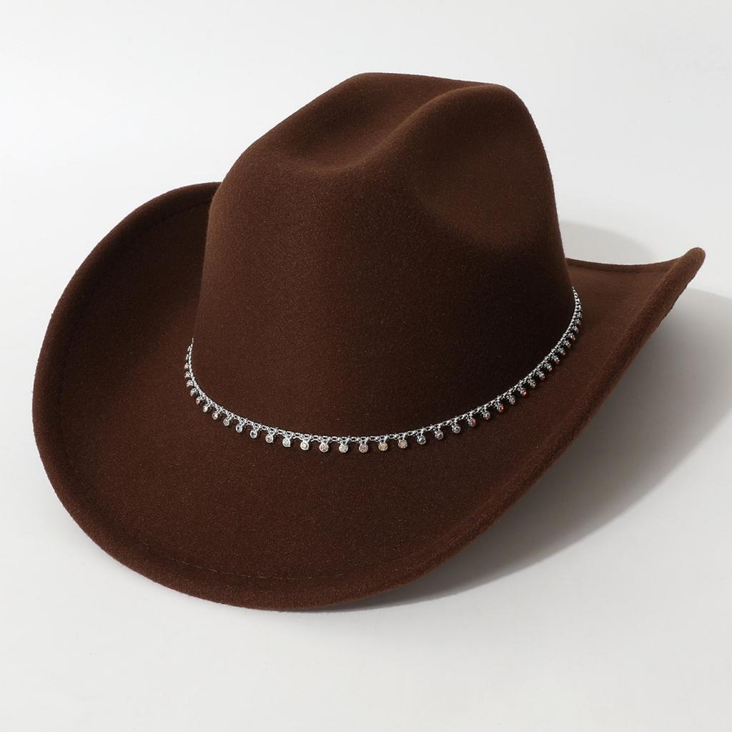 New European and American style flat-top woolen hat, western cowboy hat, unisex hat, equestrian hat with single row of rhinestones