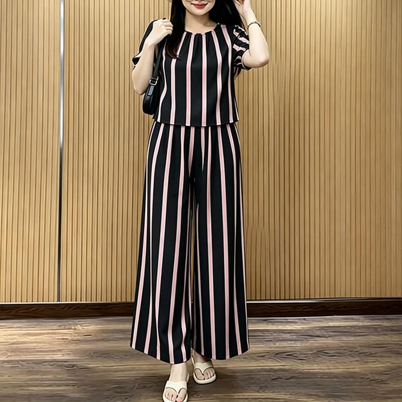 ZANZEA Women Short Sleeve Blouse and Pants Casual Stripe Print Two Piece Suit Sets